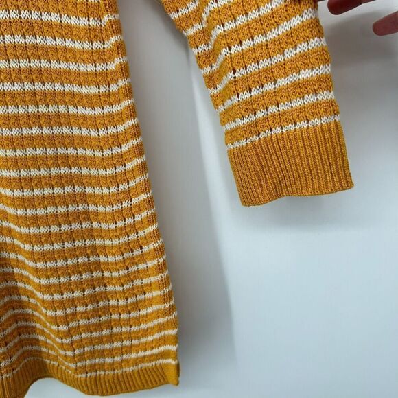 Talbots Mustard Yellow Stripe Open Knit Tunic Sweater 3/4 Sleeves Crew Neck Sz M - Picture 4 of 10